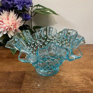 Fenton Hobnail Light Blue Glass Bowl Vintage Ruffled Edge Candy Dish‎